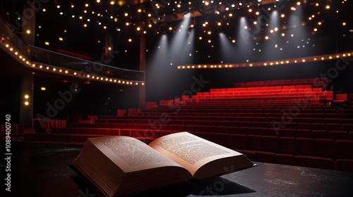 Open book on stage with dramatic spotlight effect