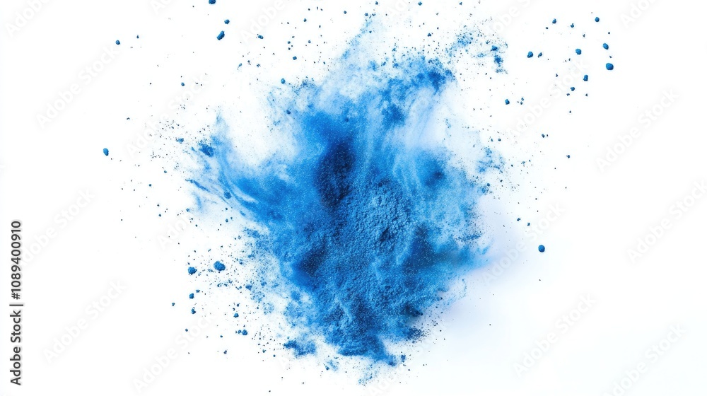 Vibrant blue powder explosion displaying fine particles and dust against a clean white background, showcasing a striking burst of color and texture. Vibrant blue powder explosion displaying fine particles and dust against a clean white background, showcasing a striking burst of color and texture.