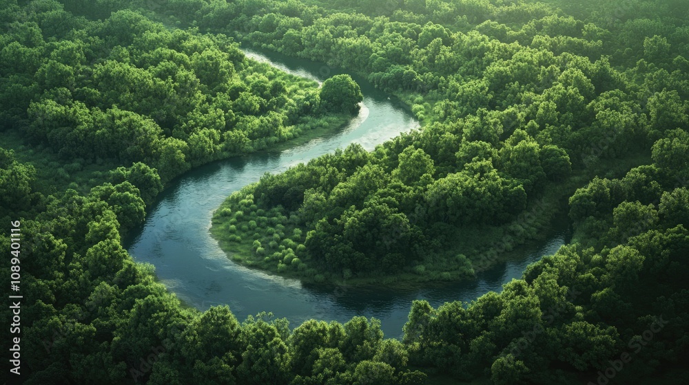 Aerial view of a serpentine river flowing through dense green forests, showcasing the stunning beauty of pristine natural landscapes. Aerial view of a serpentine river flowing through dense green forests, showcasing the stunning beauty of pristine natural landscapes.