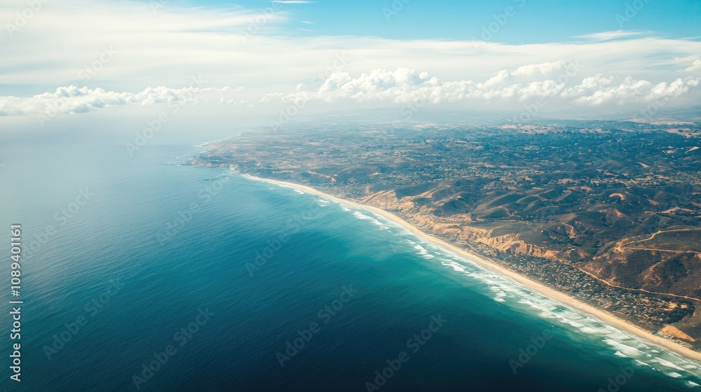 Aerial view capturing the vibrant ocean waves and golden shoreline under a clear sky, showcasing the beauty of coastal landscapes from an airplane window. Aerial view capturing the vibrant ocean waves and golden shoreline under a clear sky, showcasing the beauty of coastal landscapes from an airplane window.