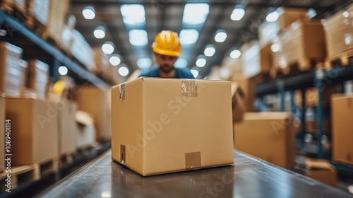 Warehouse Workers Unloading Brown Boxes with Focus on Packing in a Spacious Industrial Environment. Bright Lighting Enhances the Busy Scene.