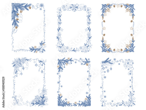 Christmas vintage line art frames clipart witn pine tree and bell. Hand-drawn winter designs