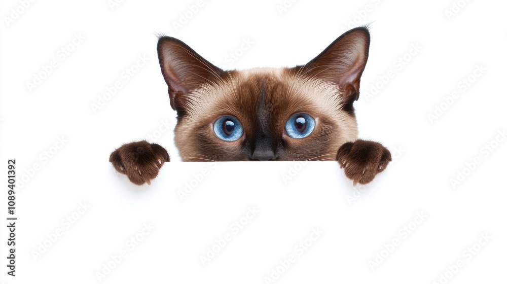 Curious Brown Siamese Cat Peeking Over a Blank White Banner with Big Blue Eyes and Soft Fur, Perfect for Personalization or Messaging Curious Brown Siamese Cat Peeking Over a Blank White Banner with Big Blue Eyes and Soft Fur, Perfect for Personalization or Messaging