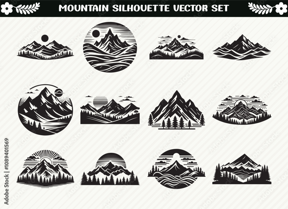 Mountain Silhouette Set for Outdoor, Adventure, and Landscape Designs – Perfect for Scenic Themes Mountain Silhouette Set for Outdoor, Adventure, and Landscape Designs – Perfect for Scenic Themes