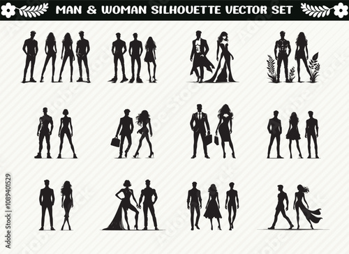 Set of Man and Woman Silhouettes in Various Poses – Ideal for Relationship and Lifestyle Designs