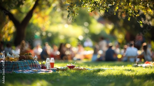 Fototapeta Naklejka Na Ścianę i Meble -  Family picnic in a lush park with gatherings of people enjoying food and conversation, surrounded by nature and soft focus ambiance ideal for community events.