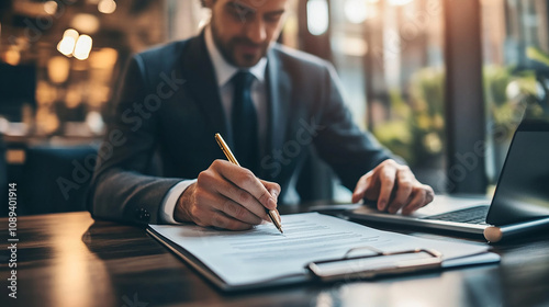 The manager is finalizing a deal by digitally signing documents while on a video call. photo