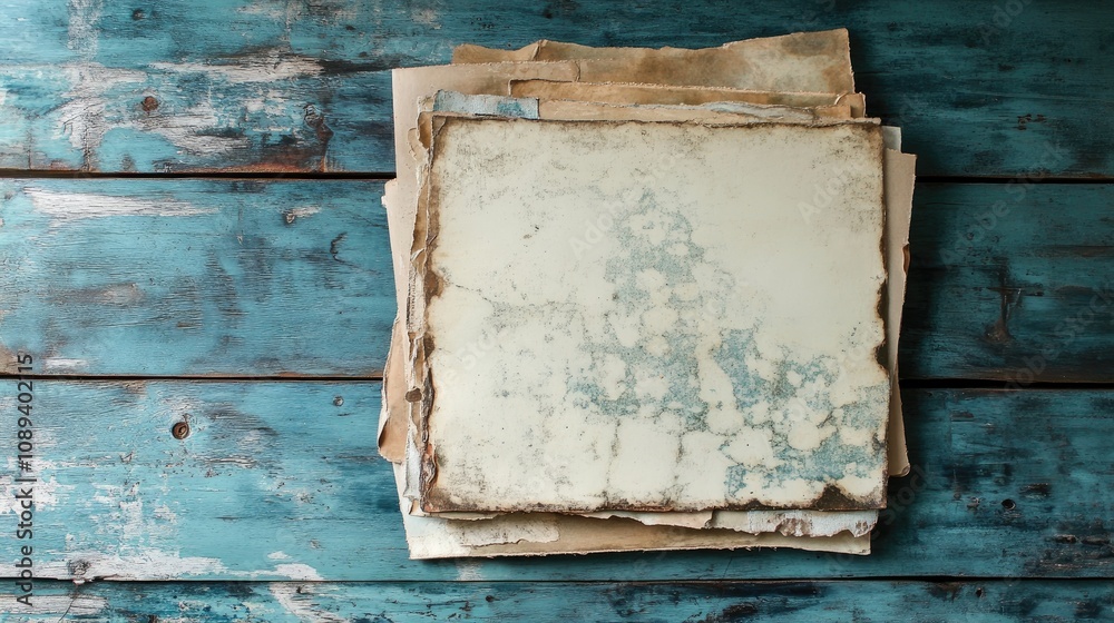 Naklejka premium Weathered Vintage Papers Stacked on a Rustic Blue Wooden Table with Distressed Texture and Faded Patterns