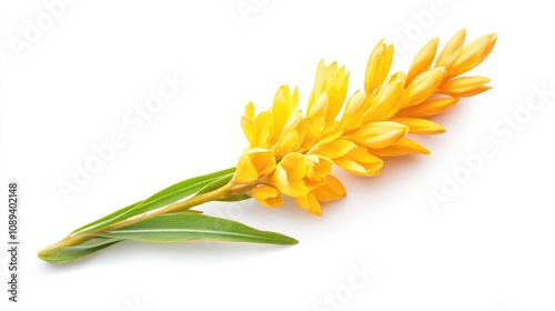 Curcuma zanthorrhiza flower with vibrant yellow blooms and lush green leaves showcased against a pristine white background. photo