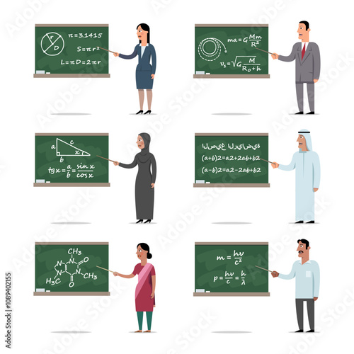 Set of the multiethnic teachers explains the lesson by pointing to the board