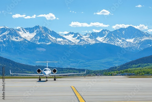 Breathtaking Scenic View of a Private Jet Ready for Takeoff Amidst Snow-Capped Mountains and Clear Blue Skies