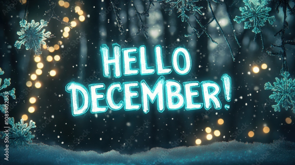 Hello December text with glowing blue and white lettering, snowflakes, and frosted pine branches in a snowy forest background Hello December text with glowing blue and white lettering, snowflakes, and frosted pine branches in a snowy forest background