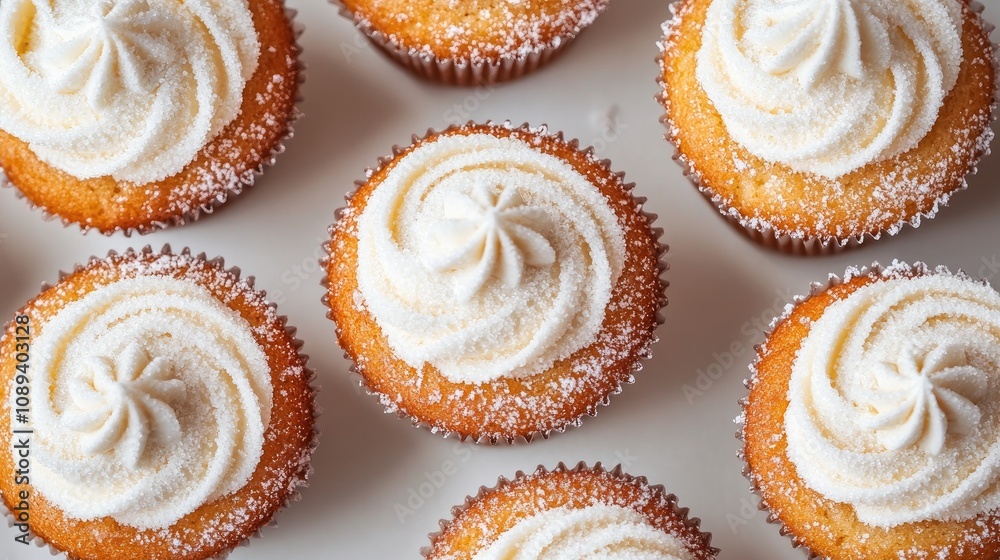 Bird's eye view of freshly baked muffins with fluffy cream topping and a sprinkle of sugar, arranged in a neat pattern on a light surface. Bird's eye view of freshly baked muffins with fluffy cream topping and a sprinkle of sugar, arranged in a neat pattern on a light surface.