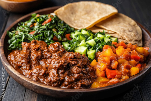 A Vibrant Ethiopian Platter Featuring Injera At The Center, Surrounded By Colorful Piles Of Various Stews (Wats) Like Doro Wat, Misir Wat, And Gomen, Inviting Shared Enjoyment photo