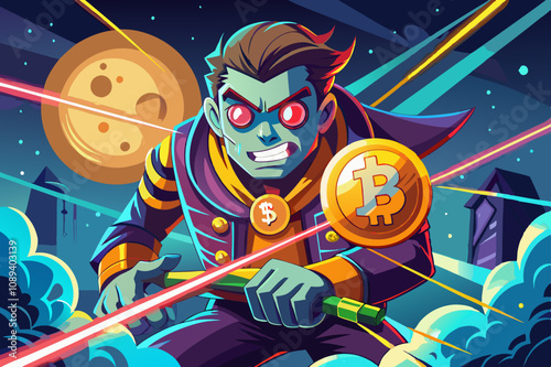 Bitcoin portrait Trading with Computers Charts Blue and Red with Money and Profits Exploding from the Computer with Laser Eyes