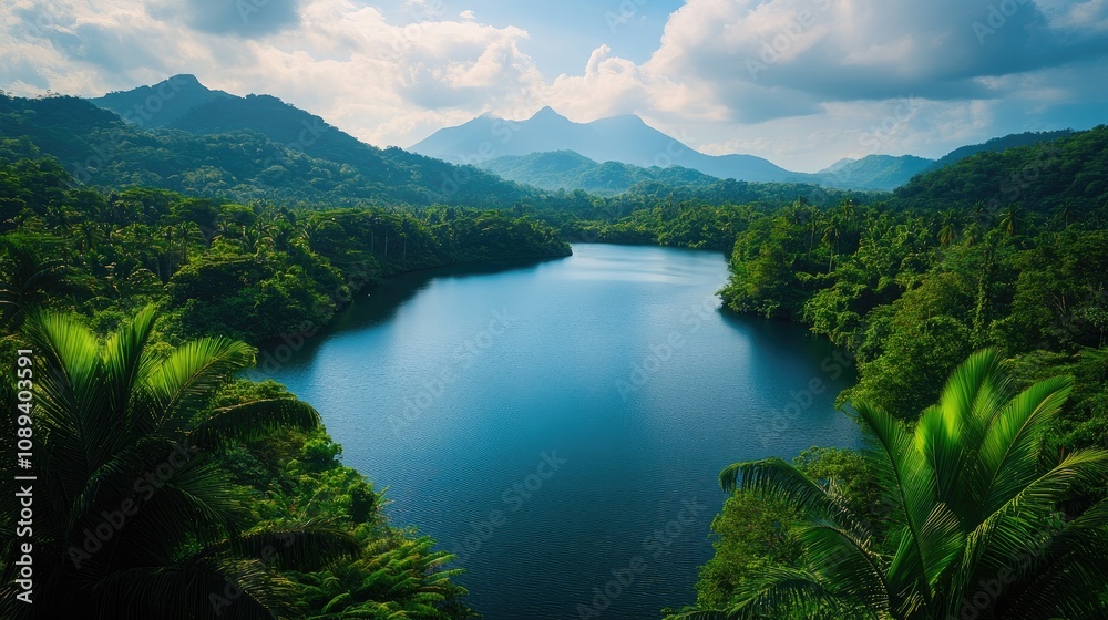 Serene tropical landscape showcasing a tranquil lake bordered by lush, vibrant jungle foliage and distant mountains under a partly cloudy sky Serene tropical landscape showcasing a tranquil lake bordered by lush, vibrant jungle foliage and distant mountains under a partly cloudy sky