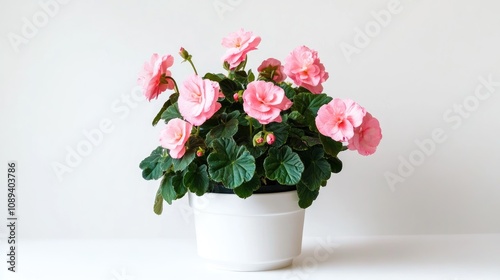 Blooming pink Begonia Tamaya houseplant in a white pot showcasing lush green leaves and vibrant flowers against a clean white background.