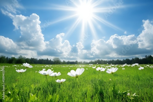 A vibrant field of white flowers under a bright sun, with fluffy clouds in a clear blue sky, creating a serene and tranquil landscape.