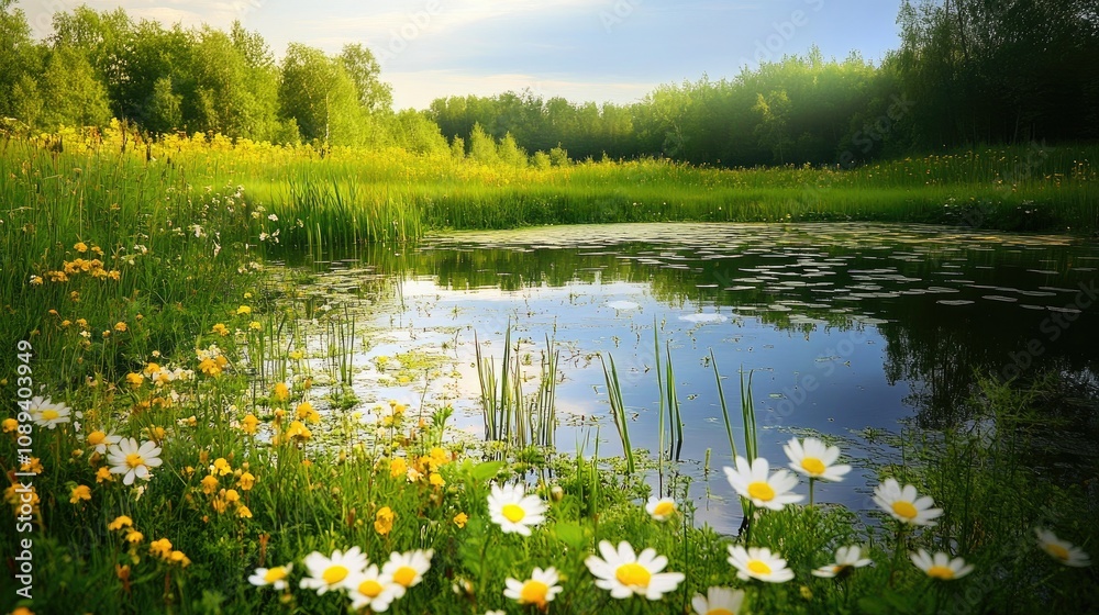 Vibrant wildflower meadow with rich greenery and a serene pond reflecting the bright sky, creating a peaceful natural scene. Vibrant wildflower meadow with rich greenery and a serene pond reflecting the bright sky, creating a peaceful natural scene.