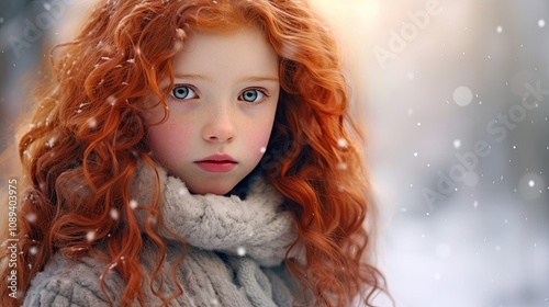 Portrait of an adorable little girl with bright red hair and deep blue eyes against a winter background where soft snow glistens in the frosty air, accentuating her beauty.