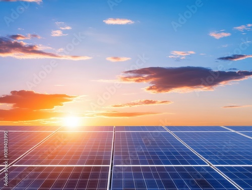 solar panels reflecting sunlight at sunset with a beautiful sky