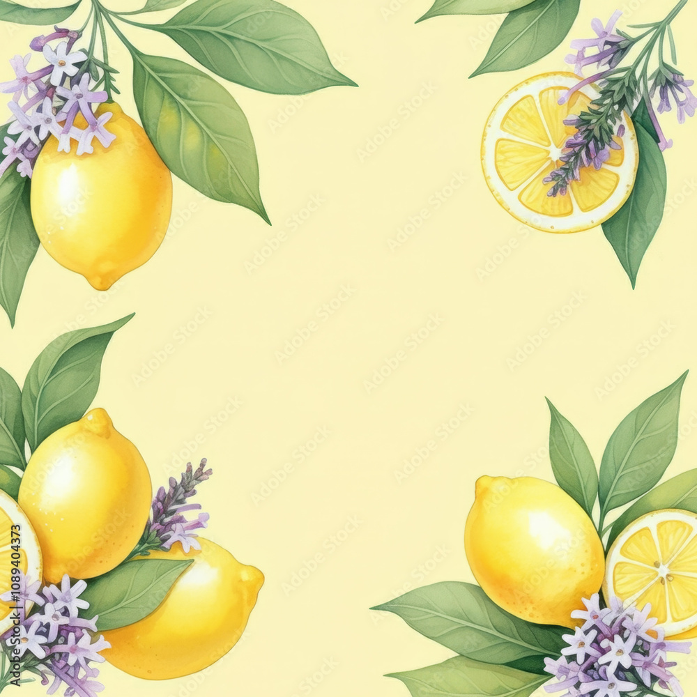 Obraz premium several lemon verbenas and lemons watercolor illustration on a light yellow background. A pastel color palette is used with white space in the middle of the design for writing a title,