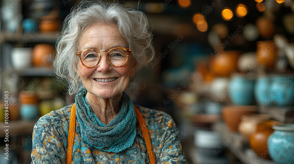 Smiling artisan stands proudly in pottery studio surrounded by beautiful handcrafted ceramics and warm ambient light. Generative AI Smiling artisan stands proudly in pottery studio surrounded by beautiful handcrafted ceramics and warm ambient light. Generative AI