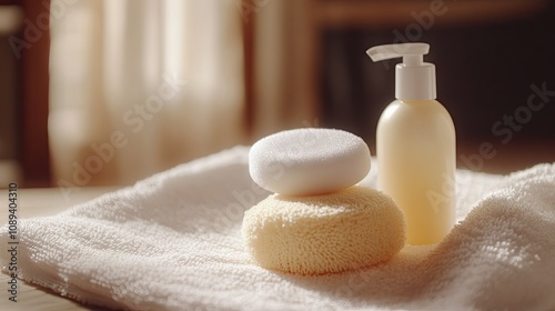 Close-up of a baby sponge, mild shampoo, and baby lotion on a soft towel, perfect for bath time essentials theme.