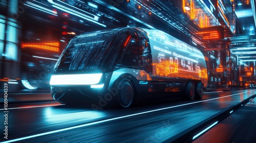 A dynamic and dramatic composition featuring a futuristic concept of a self-driving delivery truck seamlessly navigating a highway logistics network, leaving ample copy space for impactful messaging. photo