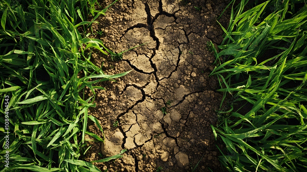 Field of green grass split from dry soil, visual symbol of climate impact on nature. Field of green grass split from dry soil, visual symbol of climate impact on nature.