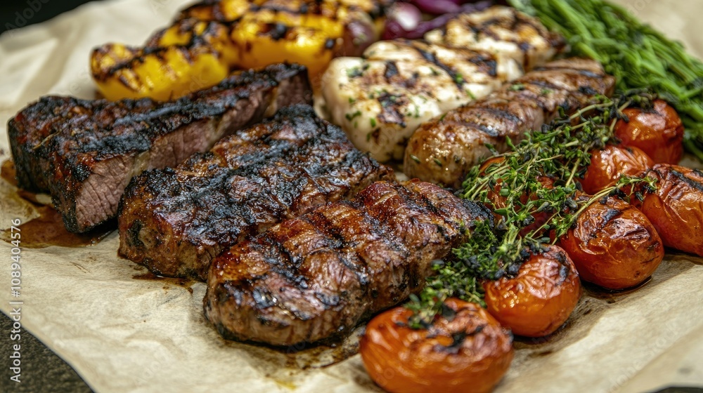 Grilled meat platter featuring various cuts of beef, sausages, and colorful roasted vegetables on parchment paper with herbs and spices. Grilled meat platter featuring various cuts of beef, sausages, and colorful roasted vegetables on parchment paper with herbs and spices.