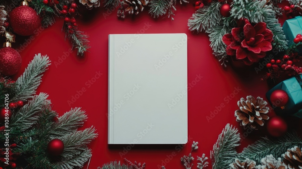 Obraz premium Blank notebook framed by holiday decorations including pine branches, ornaments, and flowers on a vibrant red background, ideal for text or designs.