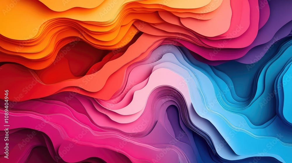 Vibrant abstract background with layered paper cut design showcasing warm tones of orange, red, pink, and cool blue in fluid, wavy patterns. Vibrant abstract background with layered paper cut design showcasing warm tones of orange, red, pink, and cool blue in fluid, wavy patterns.
