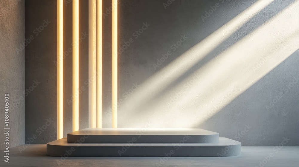 Obraz premium Modern grey podium illuminated by soft backlighting, featuring sleek design elements against a minimalist blank wall, ideal for product display mockups.