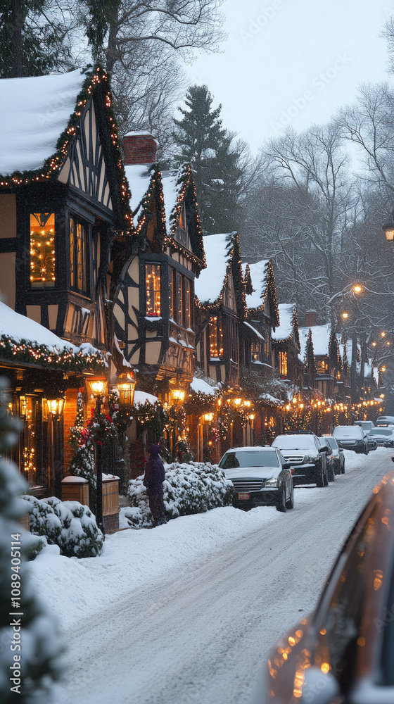 Fototapeta premium charming street scene with rows of quaint houses adorned with colorful Christmas decorations, twinkling lights, and warm windows, ideal for a cheerful smartphone wallpaper