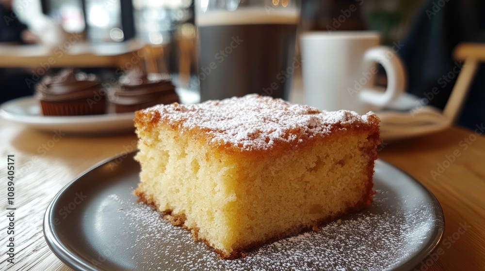 Slice of moist coffee cake dusted with powdered sugar, served on a gray plate in a warm, inviting cafe with blurred background treats and beverages. Slice of moist coffee cake dusted with powdered sugar, served on a gray plate in a warm, inviting cafe with blurred background treats and beverages.