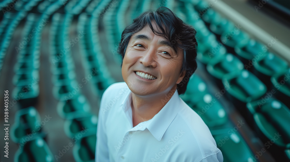 Naklejka premium 球場に来た日本人の中年男性