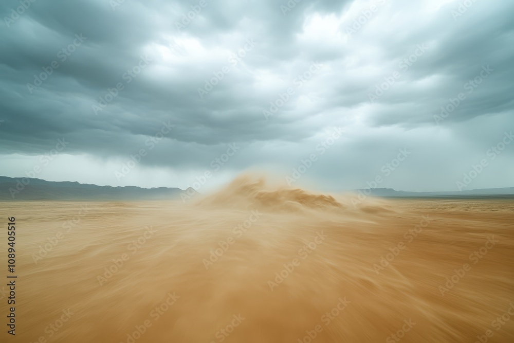 Fototapeta premium A dramatic landscape featuring swirling sand and dark, ominous clouds, capturing the essence of a fierce desert storm.