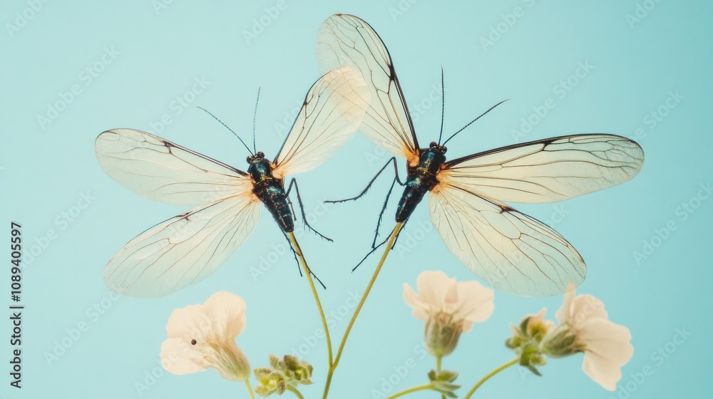 Two Delicate Insects on Pale Blossoms Against a Soft Blue Background Two Delicate Insects on Pale Blossoms Against a Soft Blue Background