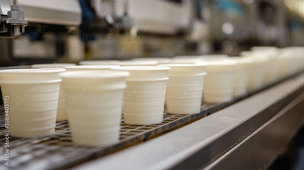 White plastic cups arranged neatly on a production line, showcasing their smooth surface and ribbed design under industrial machinery.