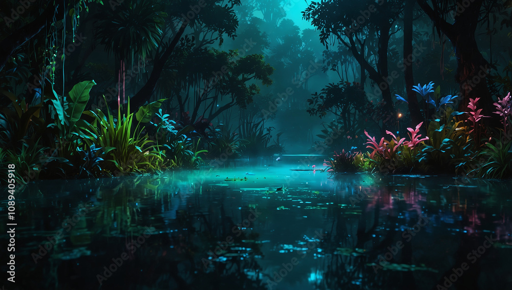 Obraz premium A surreal bioluminescent jungle at night