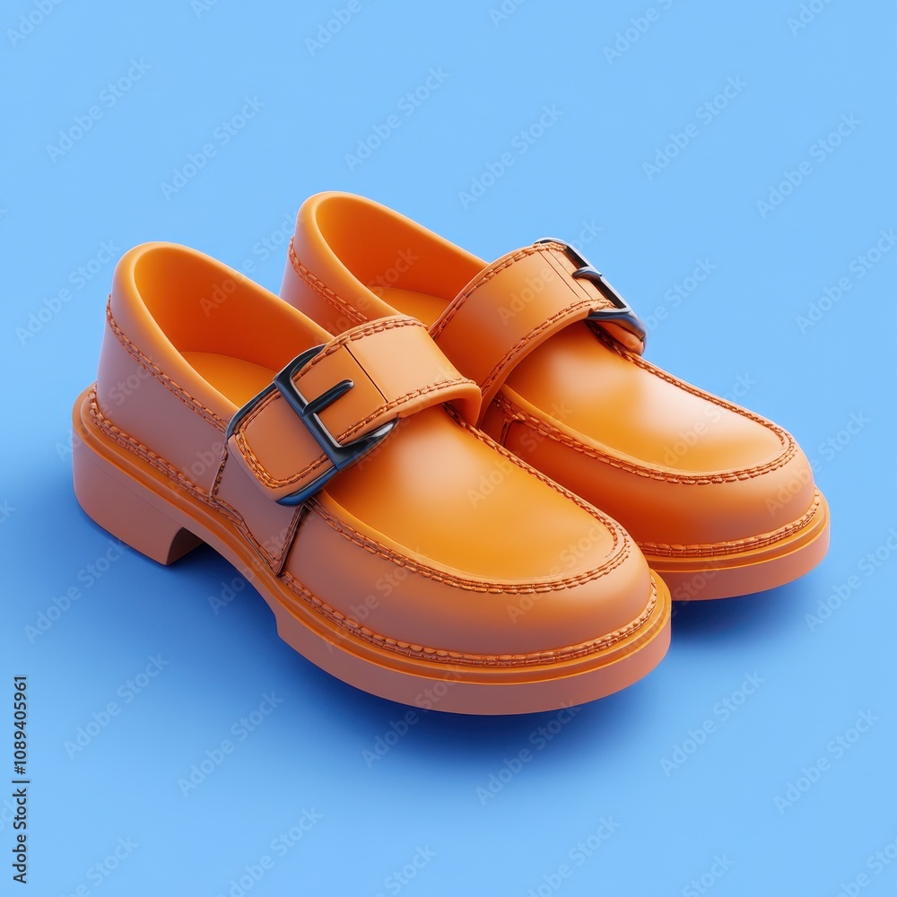 Bright and Bold Orange Leather Loafers on Blue Background Bright and Bold Orange Leather Loafers on Blue Background