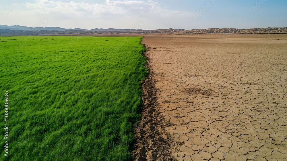 Bright green meadow transitioning into cracked desert, illustrating climate change's effect on land.