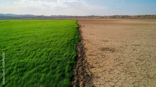 Obraz na płótnie Bright green meadow transitioning into cracked desert, illustrating climate change's effect on land. w salonie