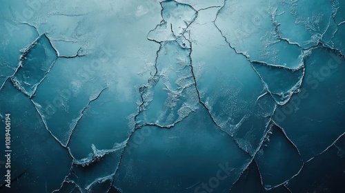 Cool blue winter background showcasing a textured pattern of frozen cracked ice, highlighting intricate details and layers of frost.