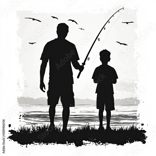 Father And Son Fishing Silh...