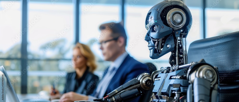 Robot leading corporate meeting with human executives in boardroom Robot leading corporate meeting with human executives in boardroom