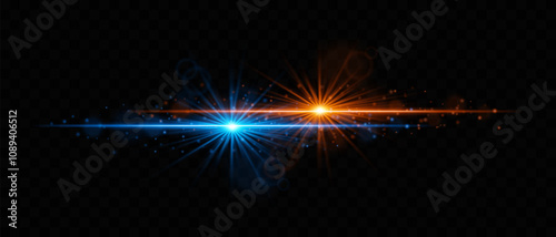 Vibrant orange and blue dual light starburst with particles on a dark background, perfect for futuristic visuals