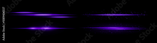 Purple streak set icon. Vibrant horizontal glowing purple light beams with sparkling particles on a dark background. Ideal for futuristic, tech, or abstract designs