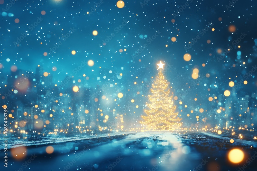 Glowing white Christmas tree and star on blue background with starry sky and sparkling lights Glowing white Christmas tree and star on blue background with starry sky and sparkling lights